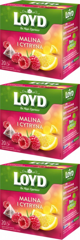 3x Herbata owocowa w piramidkach Loyd, malina i cytryna, 20 sztuk x 2g