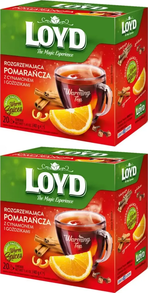 2x Herbata owocowa w kopertach Loyd Rozgrzewająca Pomarańcza z Cynamonem i Goździkami, 20 sztuk x 2g