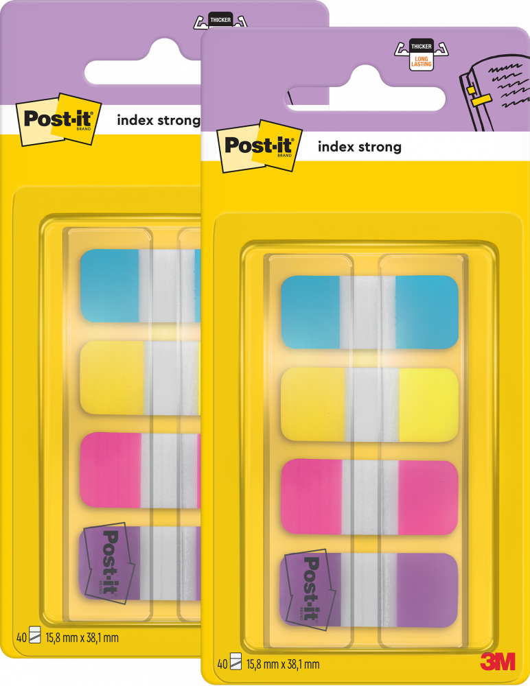 2x Zakładki samoprzylepne Post-it (676-AYPV), proste, indeksujące, PP, silne, 16x38mm, 4x10 sztuk, mix kolorów