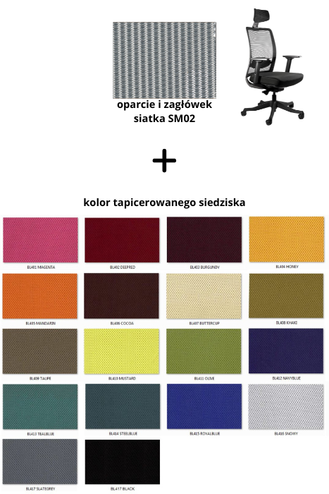 ANGGUN fotel biurowy czarny stelaż, siatka/tkanina lub skóra naturalna kolory (Siatka: SM02, Kolor siedziska: BL417)