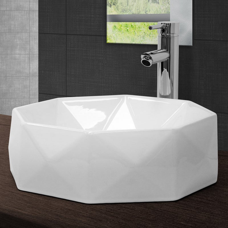ML-Design Umywalka ceramiczna biala polyskujaca Ø42x13,5cm z odplywem wzór w ksztalcie diamentu nablatowa bez przelewu Nowoczesna miska umywalkowa