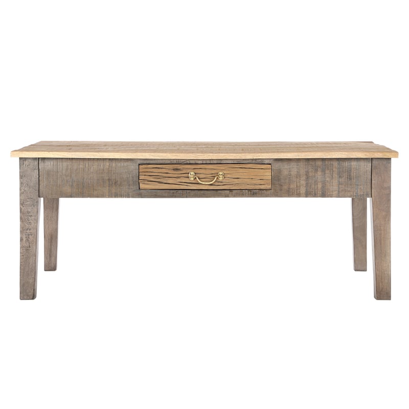 WOMO-DESIGN Stolik kawowy z szuflada Sao Paulo 117 x 45,5 x 70 cm, naturalny, lite drewno mango, recznie robiony stolik do salonu, stolik boczny