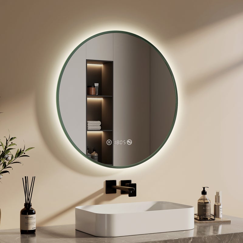 EMKE Okrągłe Lustro łazienkowe z oświetleniem LED 70 cm, z 4300K, możliwość ściemniania, przeciwmgielne, funkcja pamięci, ciemnozielony