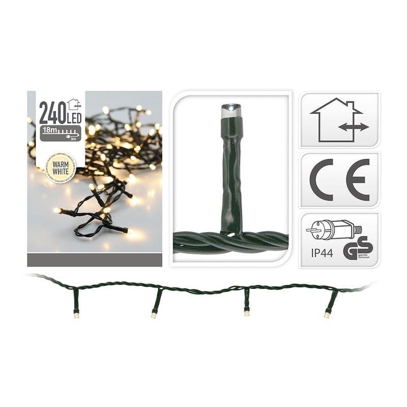 ECD Germany Lancuch swietlny LED 18m z 240 diodami LED cieply bialy, zasilany, wodoodporny IP44, oswietlenie do uzytku wewnatrz i na zewnatrz,