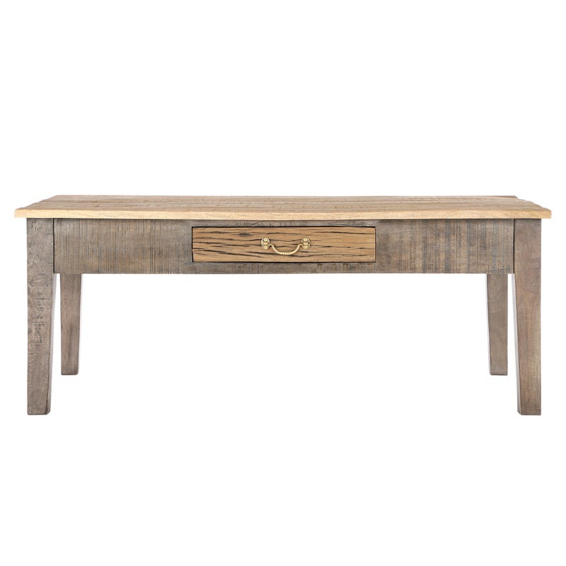WOMO-DESIGN Stolik kawowy z szuflada Sao Paulo 117 x 45,5 x 70 cm, naturalny, lite drewno mango, recznie robiony stolik do salonu, stolik boczny