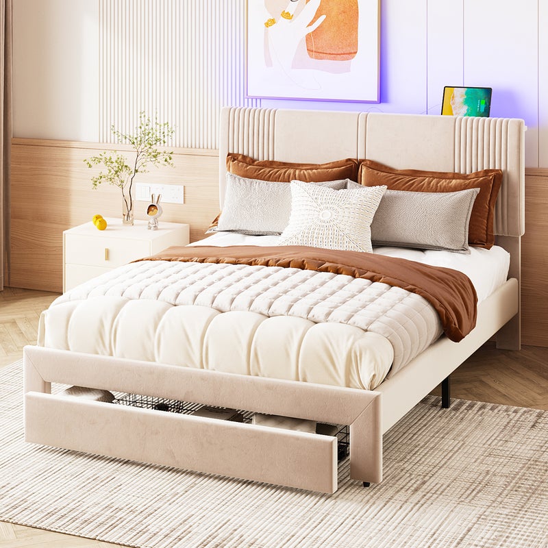 Łóżko dwuosobowe 140×200, listwa oświetleniowa, USB, szuflada, aksamit, beżowe, dla dorosłych/nastolatków.