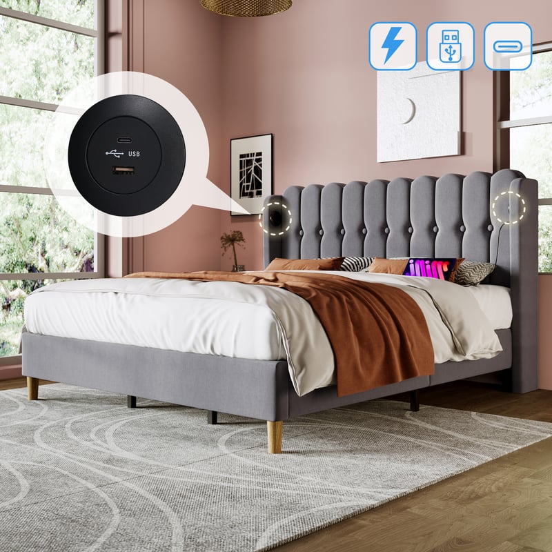 Łóżko tapicerowane, łóżko dwuosobowe z funkcją ładowania USB typu C, 180 x 200 cm, pokój gościnny, materiał pościelowy