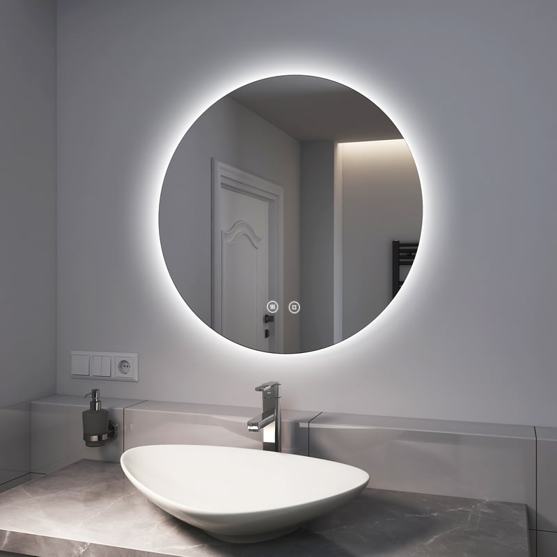 EMKE Okrągłe Lustro łazienkowe z oświetleniem LED 70 cm, z 6500K, możliwość ściemniania, przeciwmgielne, funkcja pamięci, IP44