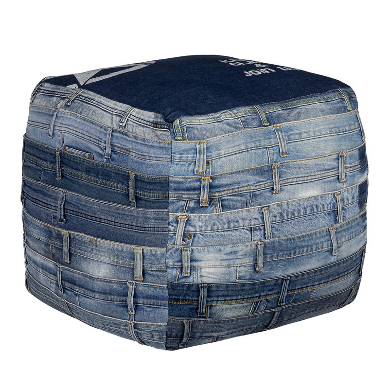WOMO-DESIGN Square Seat Cube Pittsburgh 45 cm Blue Jeans Filling Cotton Handmade Living Room Seat Pouf Puff Seat Stool Seat Cushion Floor Cushion Foot