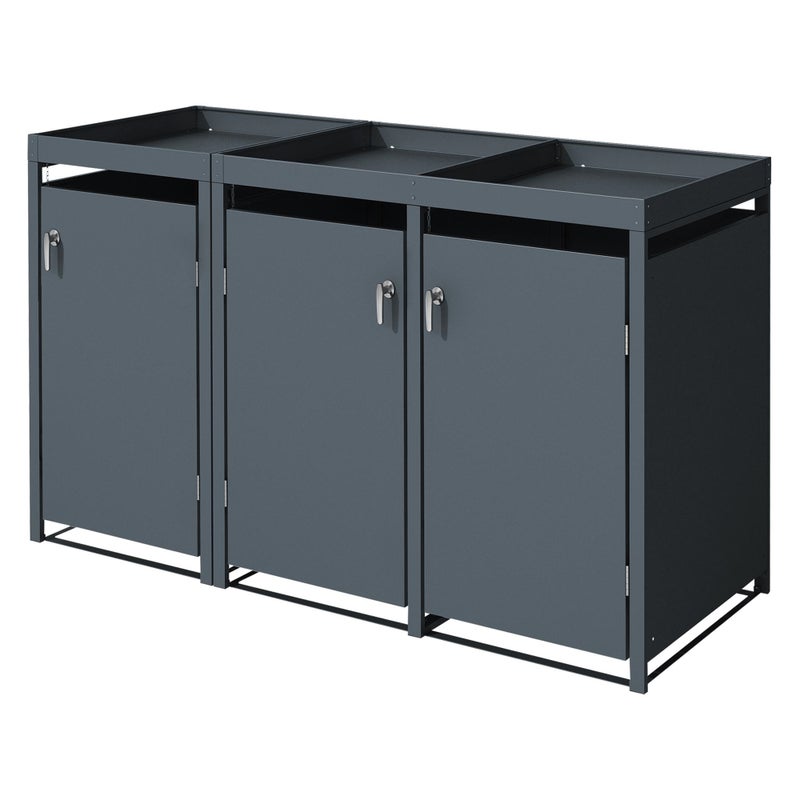 ML-Design pojemnik na śmieci z daszkiem na 3 pojemnik 240 L 200x80x124 cm antracyt stalowy odporny na warunki atmosferyczne zamykany z drzwiczkami