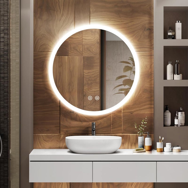 EMKE Okrągłe Lustro łazienkowe z oświetleniem LED 70 cm, z 3 barwy światła, możliwość ściemniania, przeciwmgielne, funkcja pamięci, IP44