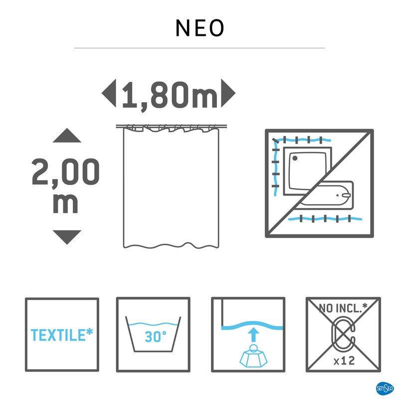 SENSEA - Zasłona prysznicowa z poliestru i bawełny - Biała - 180 x 200 cm - Neo