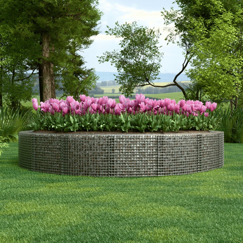 Okrągła podwyższona donica gabionowa, średnica zewnętrzna 502 cm, wysokość 50 cm, rozmiar oczek 5 x 5 cm, grubość ścianki 15 cm
