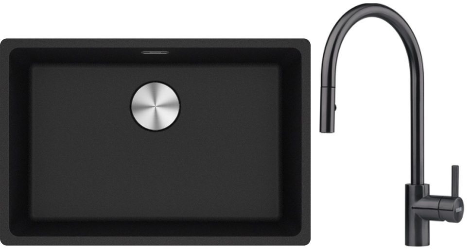 Franke Maris MRG 110-62 zlewozmywak 62x40 cm Fragranite onyx z baterią kuchenną Eos czarna stal szlachetna (1250687257, 1150613671)