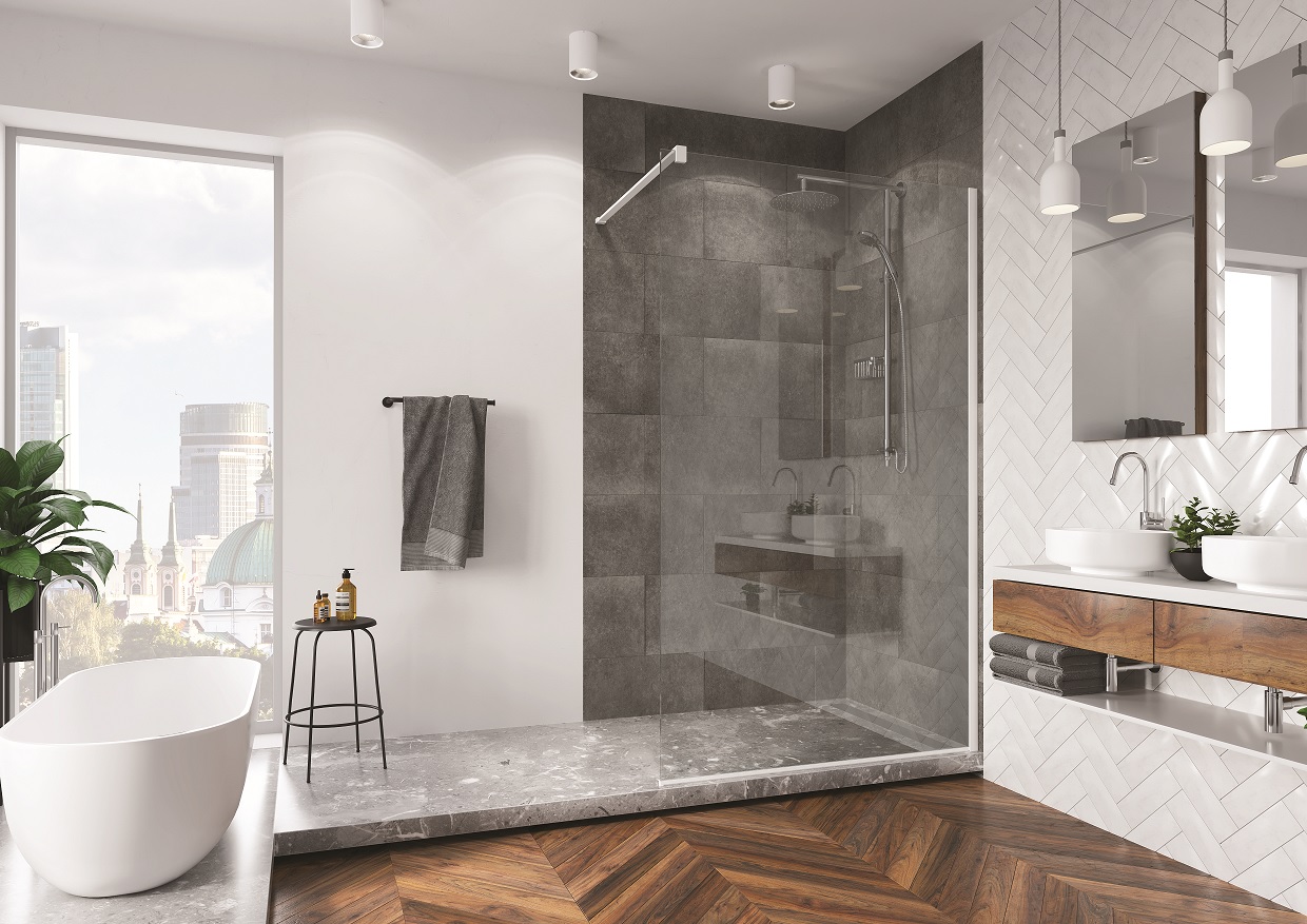 SanSwiss Easy Walk-In ścianka prysznicowa 140 cm wolnostojąca biały/szkło przezroczyste STR4P1400907
