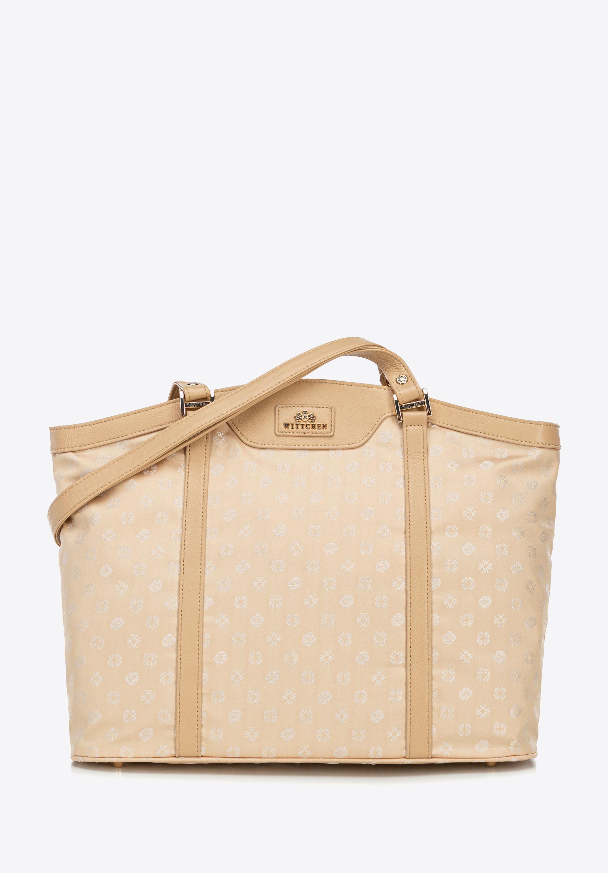 Torebka shopperka z żakardu i skóry w monogramy kremowa