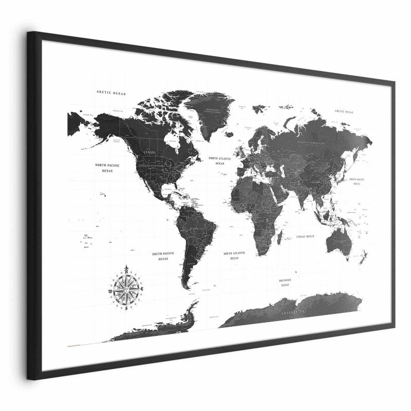 Plakat Artgeist Monochromatyczna mapa 90x60 cm z ramą czarną 1 szt