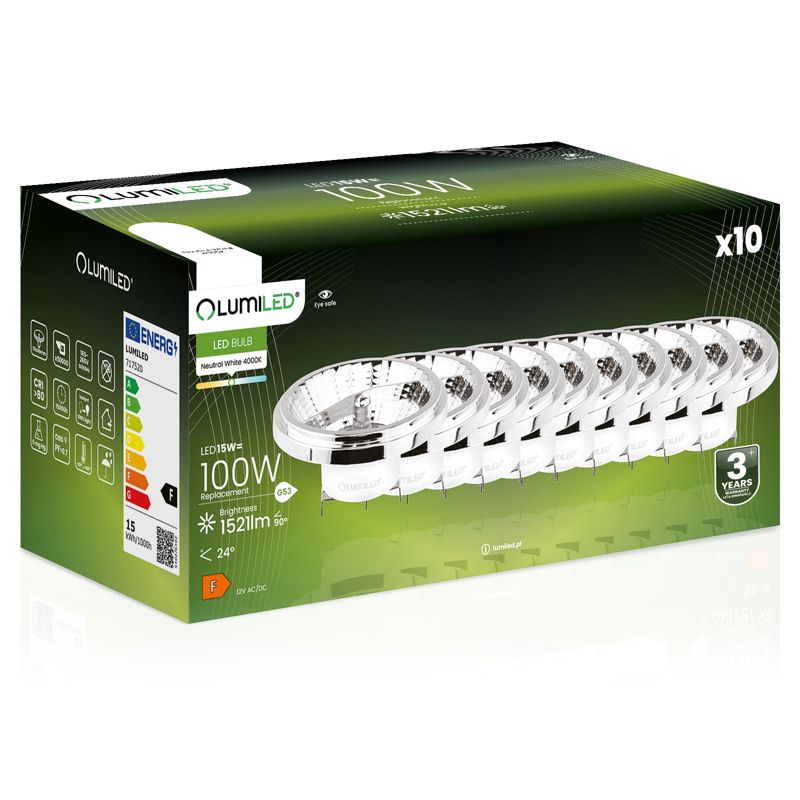 Żarówka LED LUMILED G53 AR111 15W 1521lm 4000K 24st 12V Srebrna 10 szt.