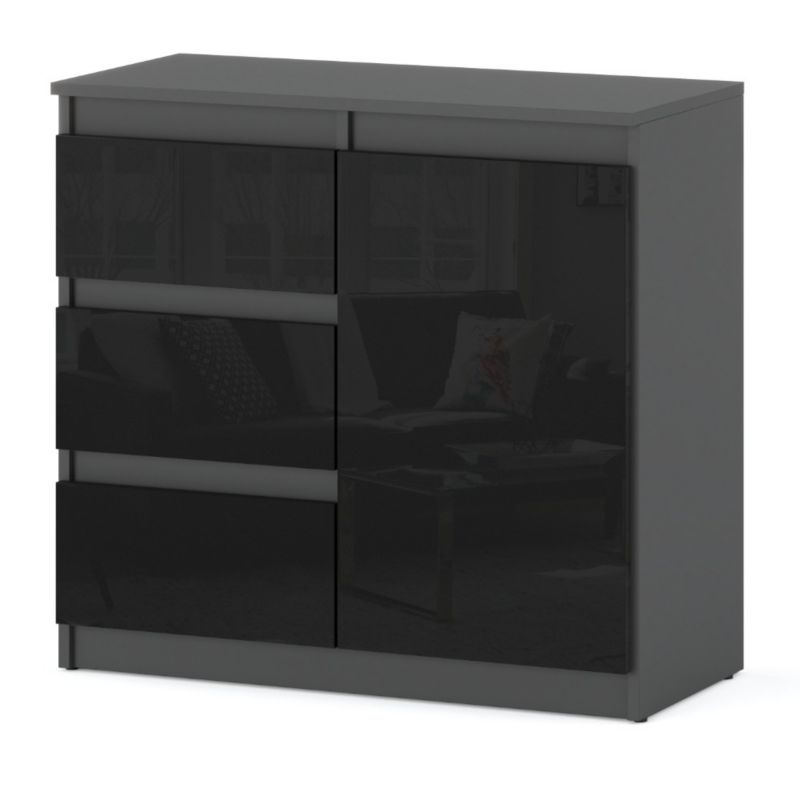 Komoda Hurtownia-Mebli Szuflady 3 Agnes 1D3SZ 80cm Szary Mat Czarny Połysk 80x35x75 cm 1szt.