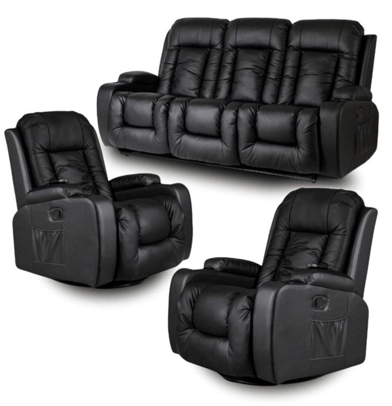 Zestaw Wypoczynkowy Mebel Elite Sofa i 2 Fotele Masujące Ekoskóra Czarny 1 kpl