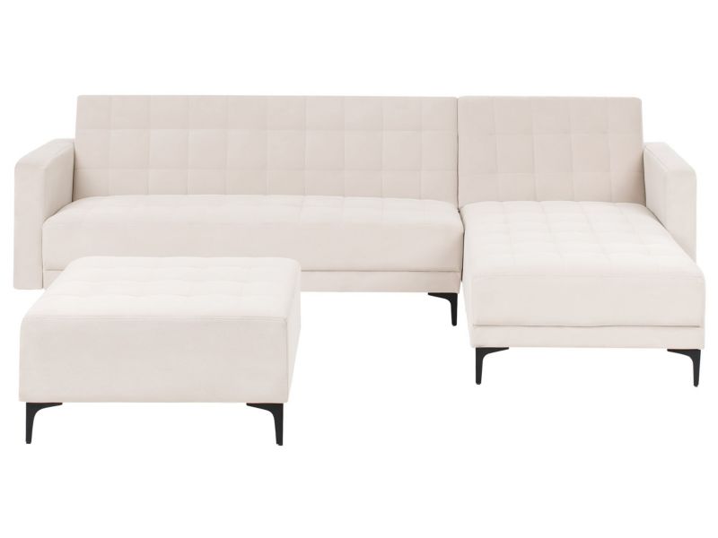 Sofa rozkładana lewostronna welurowa z otomaną jasnobeżowa Aberdeen 1 kpl