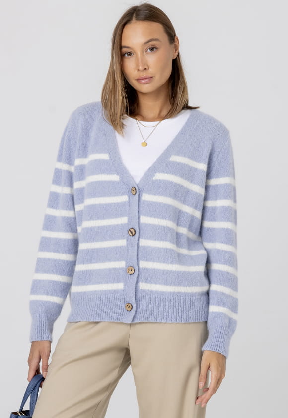 Gestreifter Woll-Cardigan CAMILLE - blau