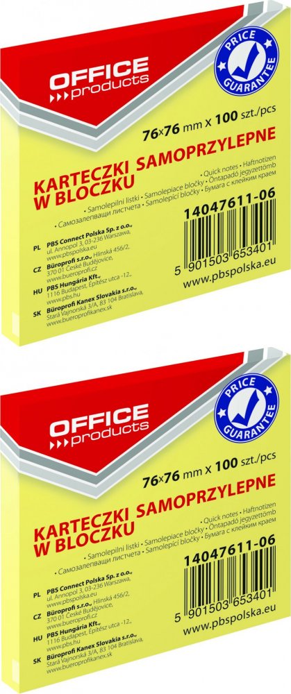 2x Karteczki samoprzylepne Office Products, 76x76mm, 100 karteczek, jasnożółty pastelowy