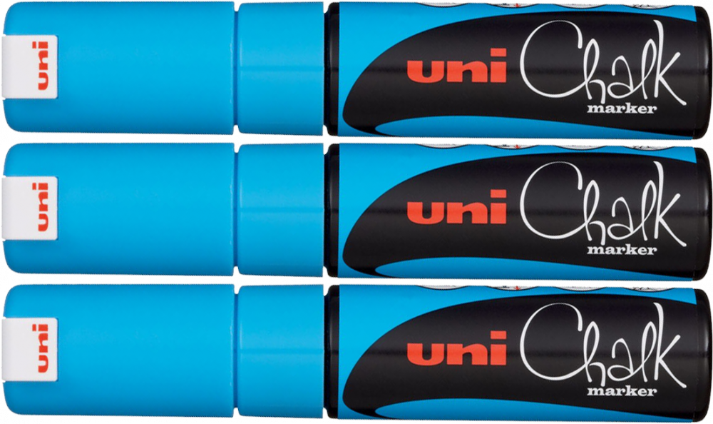 3x Marker kredowy Uni PWE-8K, ścięta, jasnoniebieski