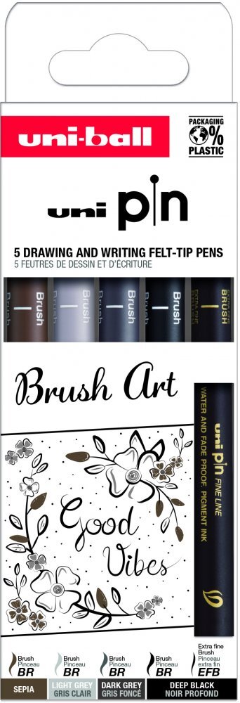Outlet: USZKODZONE OPAKOWANIE Zestaw cienkopisów kreślarskich Uni PIN-200 Brush Art, 5 sztuk, mix kolorów