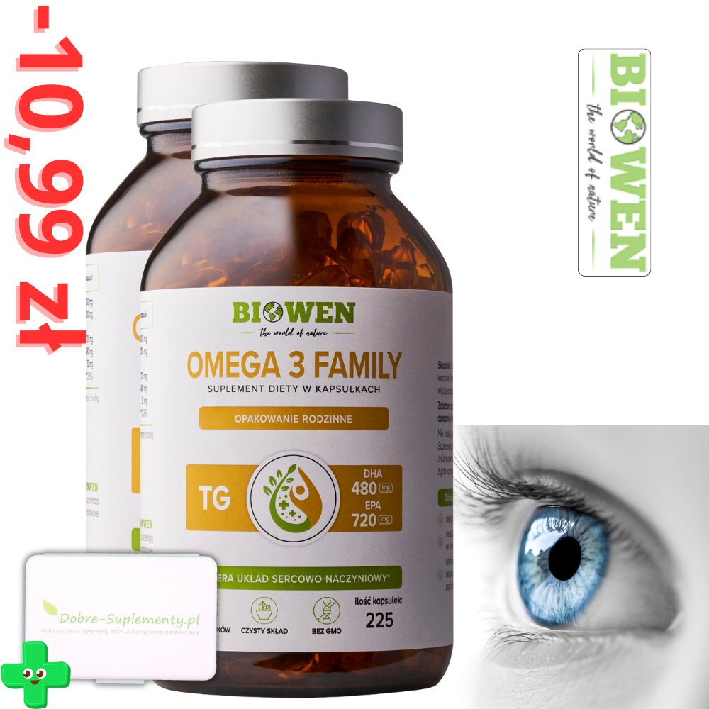 Zestaw 2x Omega 3 TG Family 720mg EPA 480mg DHA 225kaps. Biowen + Pojemnik na kapsułki