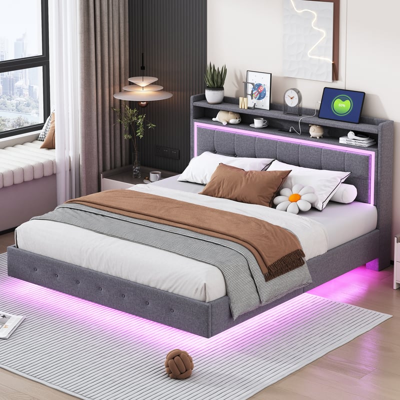 Łóżko tapicerowane 160*200,z portem USB i oświetleniem LED,możliwość umieszczenia łóżka u wezgłowia łóżka,szara tkanina lniana
