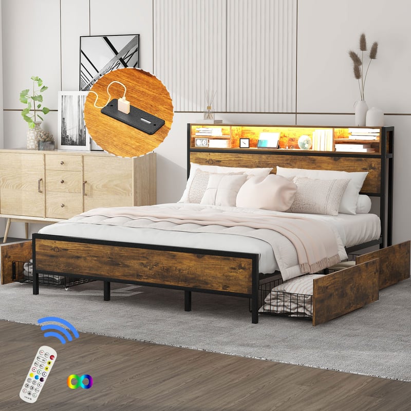 Łóżko płaskie 180*200cm z podstawą z listew i zagłówkiem, łóżko LED z portem ładowania USB, metalowe, brązowe