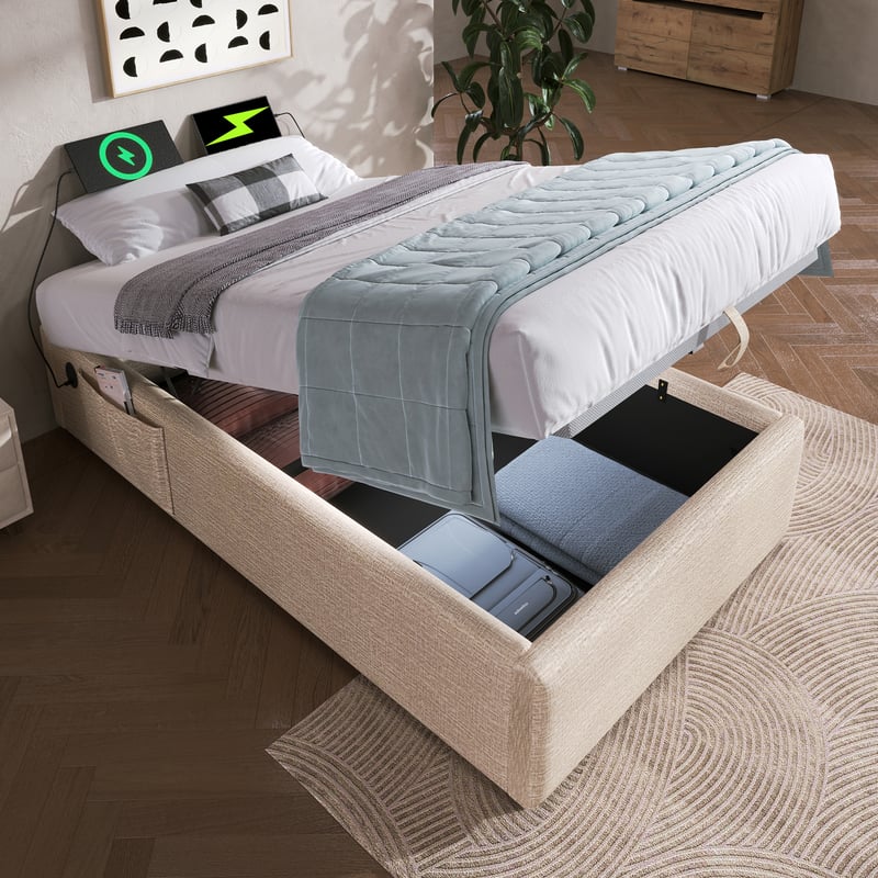 Łóżko tapicerowane jednoosobowe 90×190 cm, rama łóżka Struraum z USB-C i stelażem listwowym na całej powierzchni, bez wezgłowia, len, naturalny