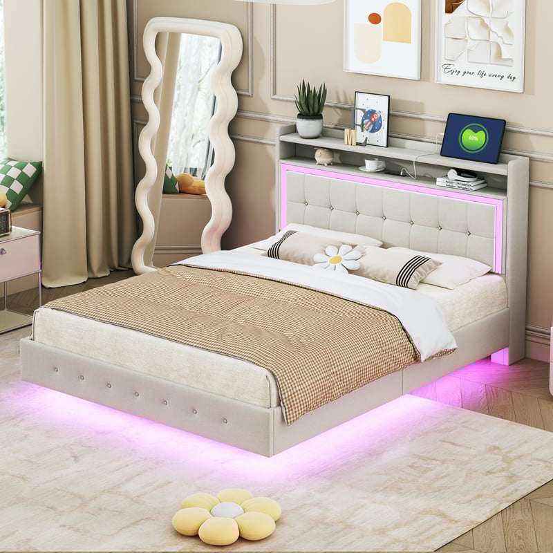 Łóżko tapicerowane 140*200, z gniazdem USB i oświetleniem LED, ukryte designerskie nogi, płaskie łóżko dwuosobowe, tkanina lniana beżowa