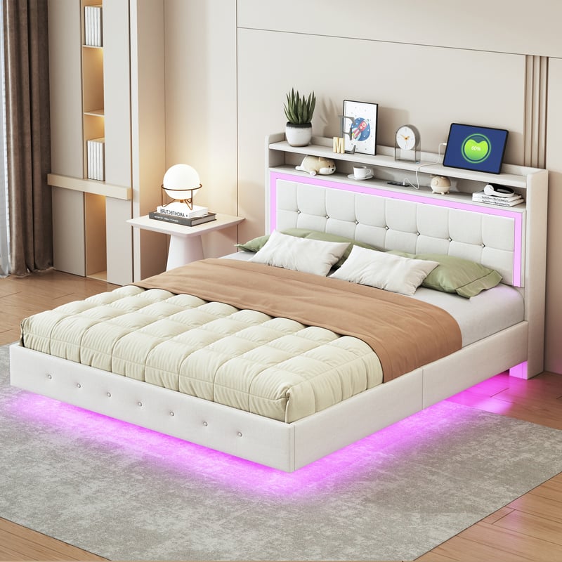 Łóżko tapicerowane 160*200, z portem USB i oświetleniem LED, ukryte designerskie nogi, płaskie łóżko podwójne, beżowa tkanina lniana