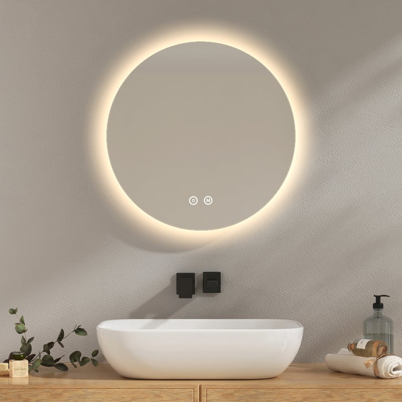 EMKE Okrągłe Lustro łazienkowe z oświetleniem LED 50 cm, z 3 barwy światła, możliwość ściemniania, funkcja pamięci, przełącznik dotykowy