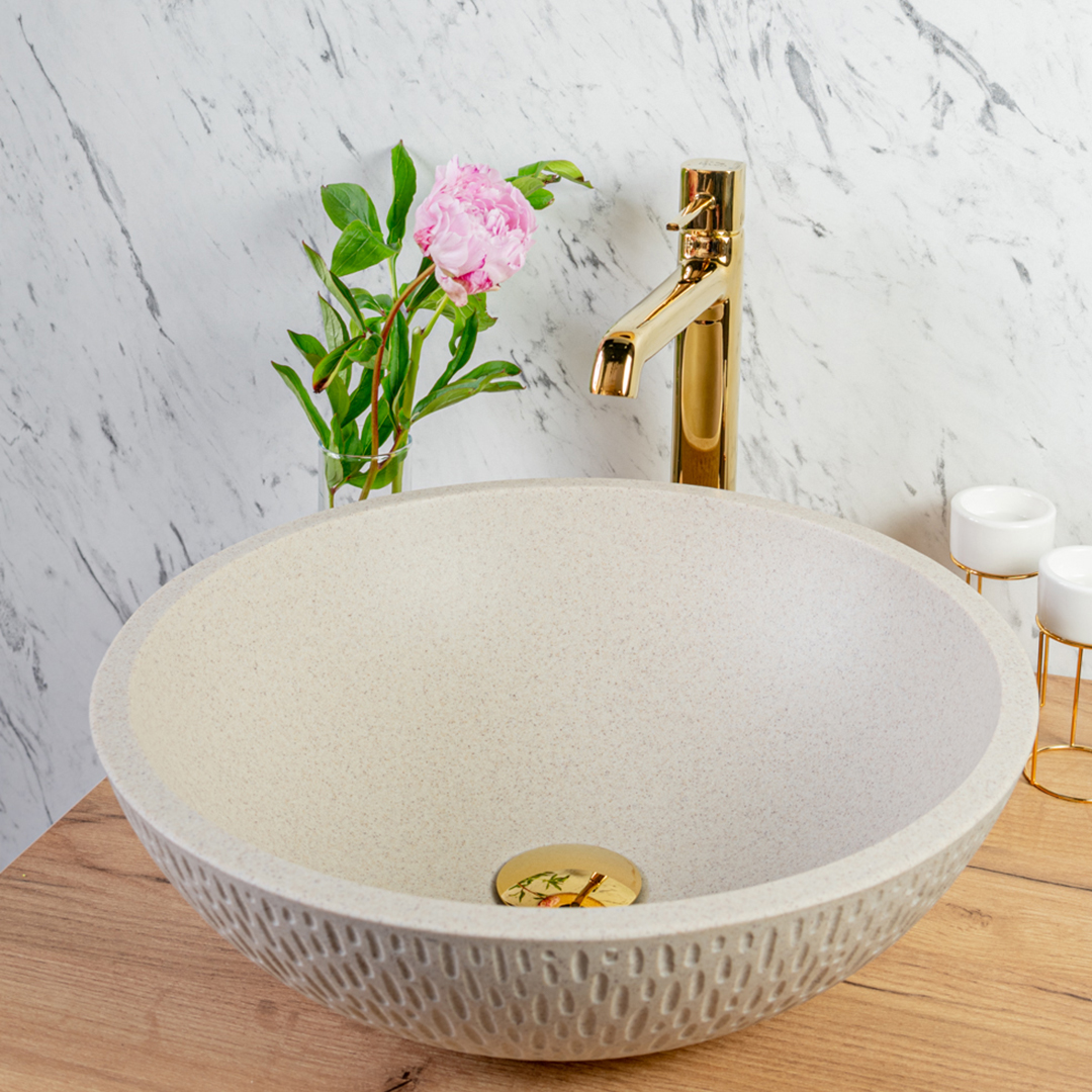 Laveo Amber umywalka 41 cm nablatowa okrągła granitowa beż VGR1421T - Wysyłka w 24h