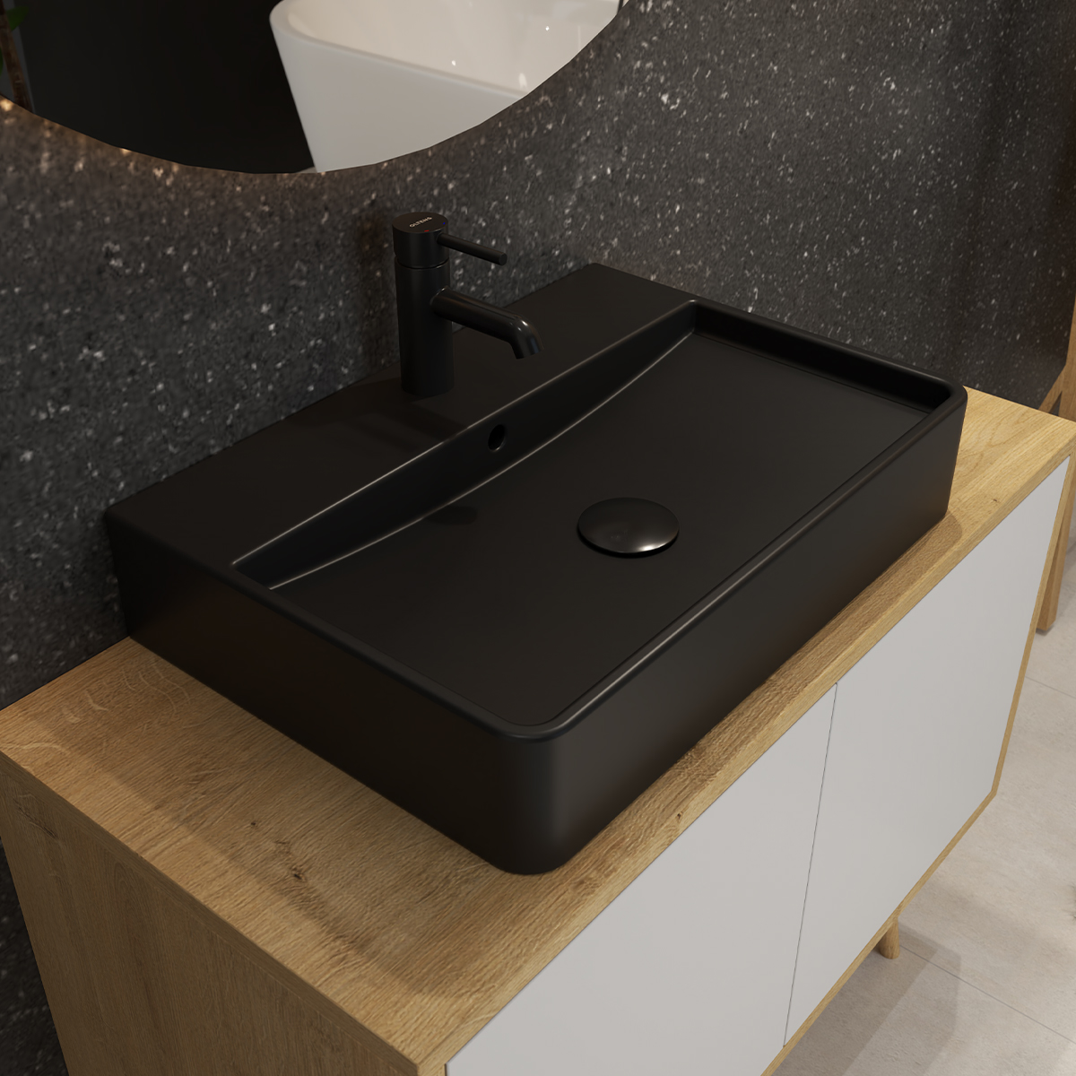 Oltens Duve umywalka 59x43,5 cm nablatowa prostokątna z powłoką SmartClean czarny mat 41800300 - Wysyłka w 24h