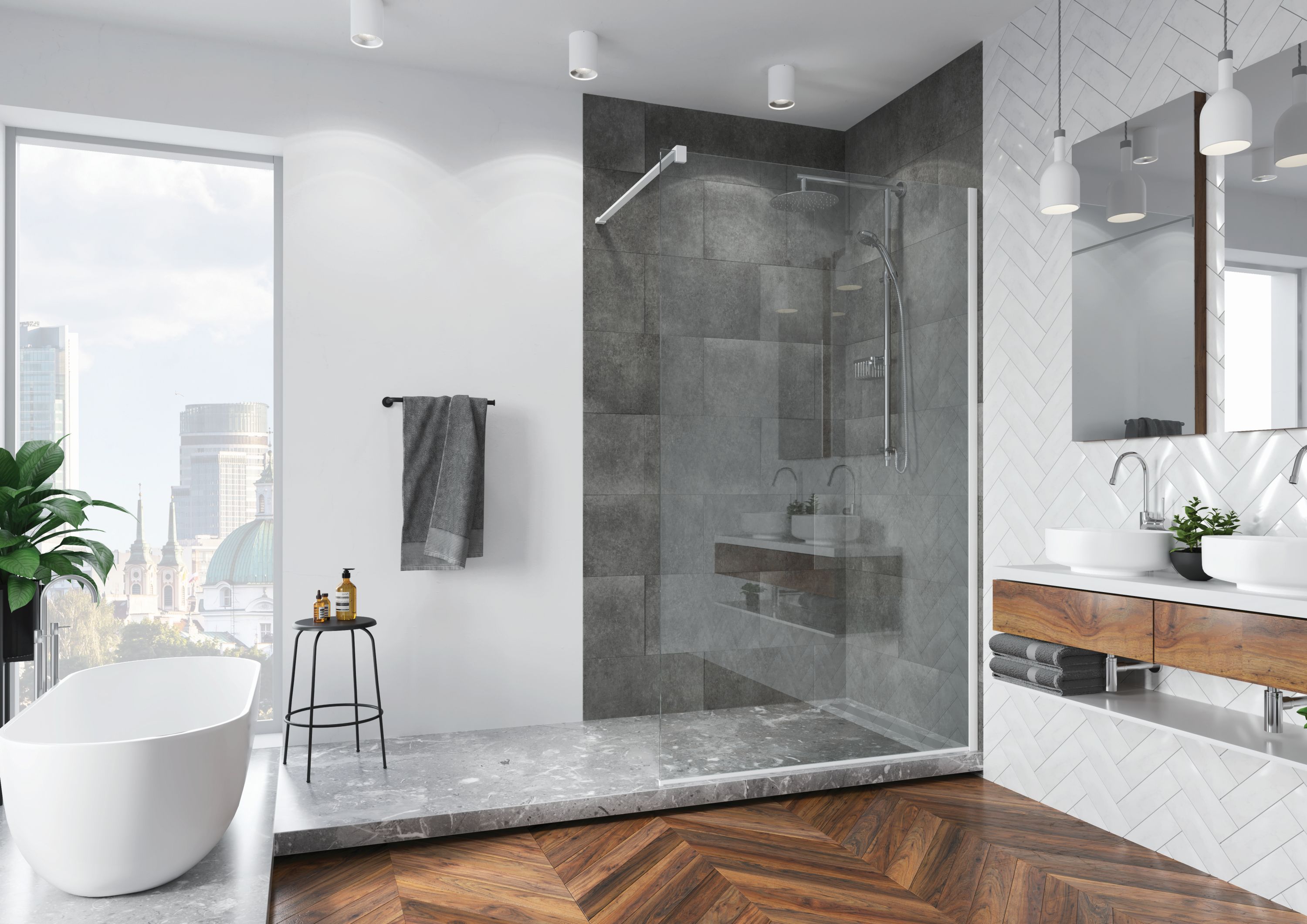 SanSwiss Easy Walk-In ścianka prysznicowa 100 cm wolnostojąca biały mat/szkło przezroczyste STR4P1000907