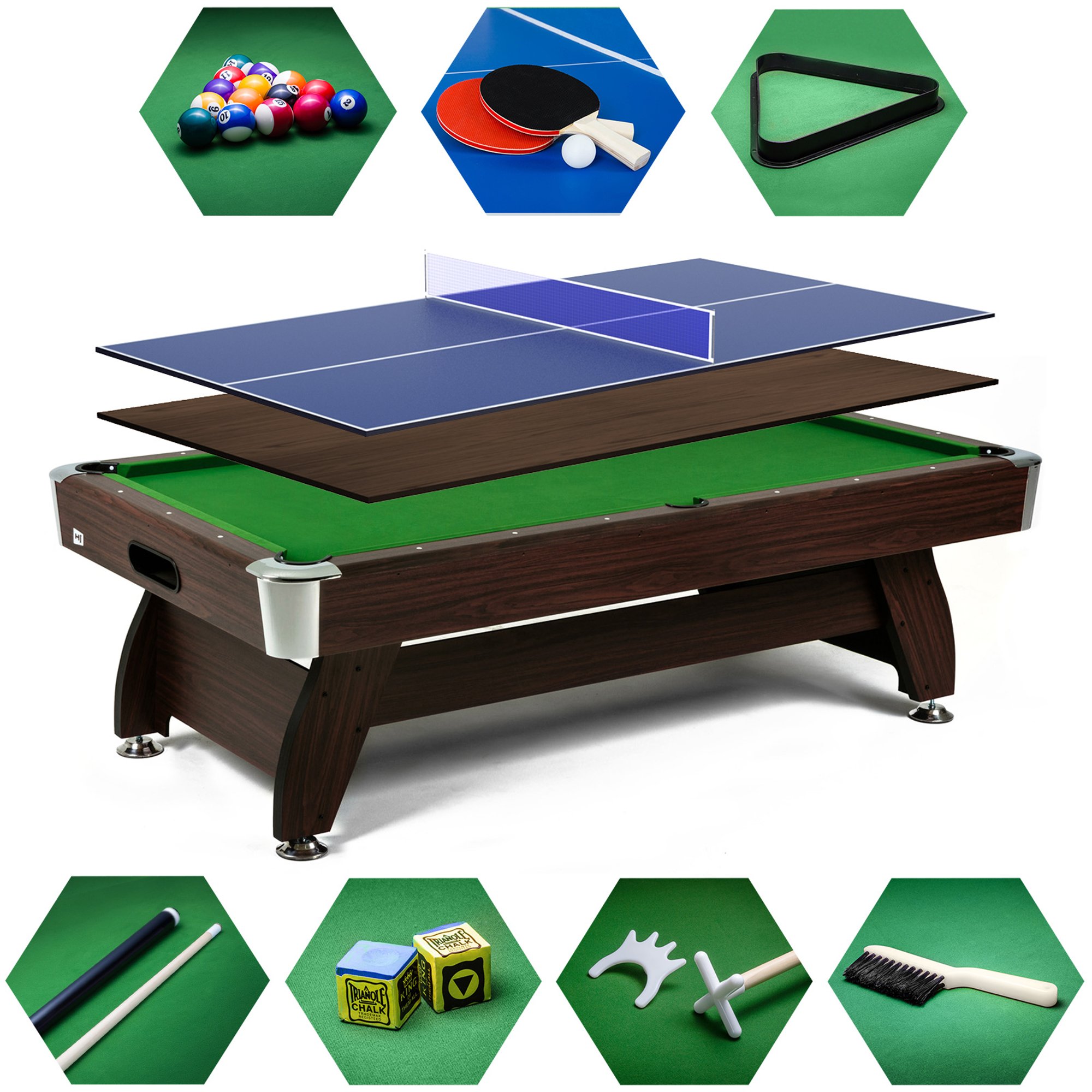 Stół bilardowy spływowy Vip Extra 8 FT brąz zielony z nakładką ping-pong blat