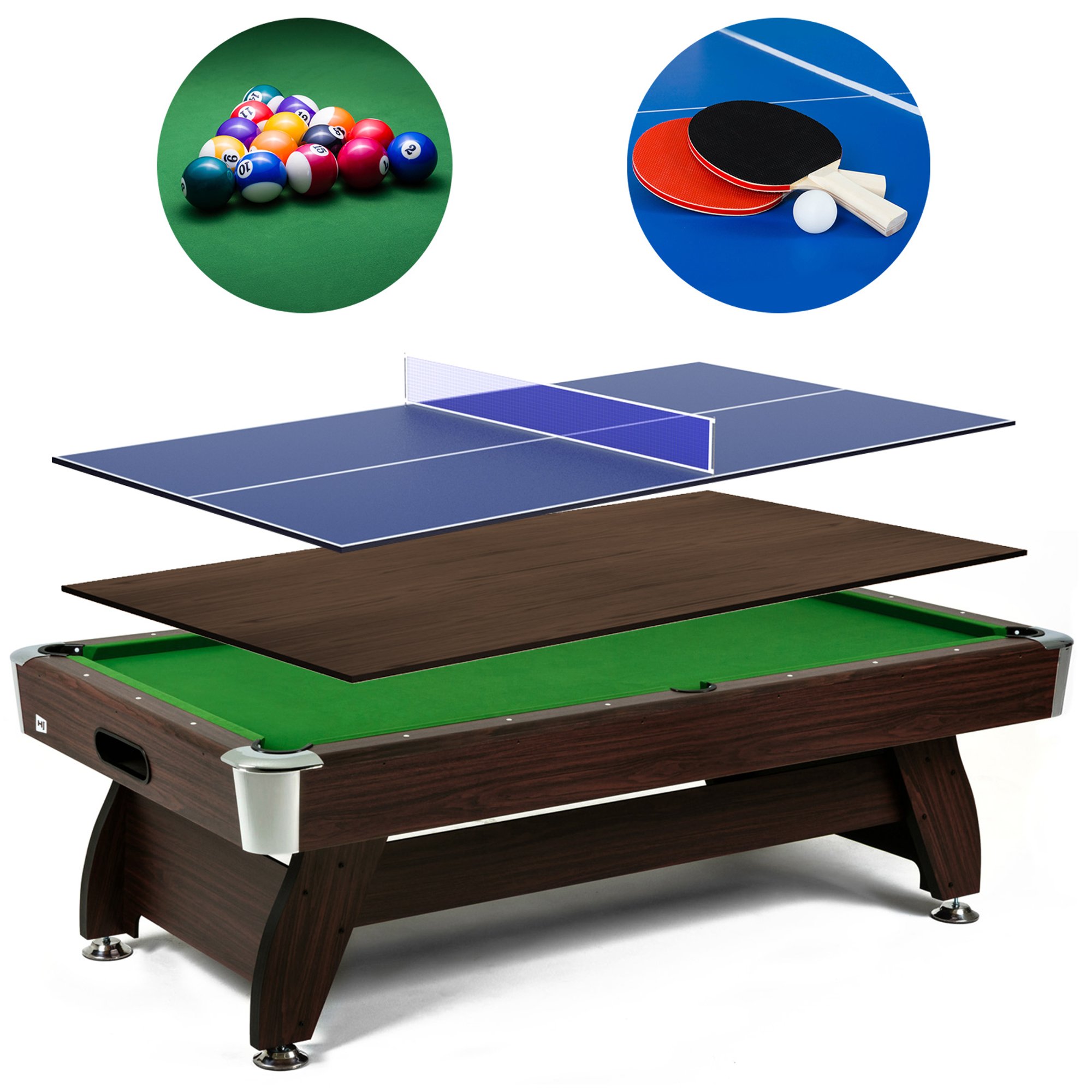 Stół bilardowy spływowy Vip Extra 7 FT brąz zielony z nakładką ping-pong blat