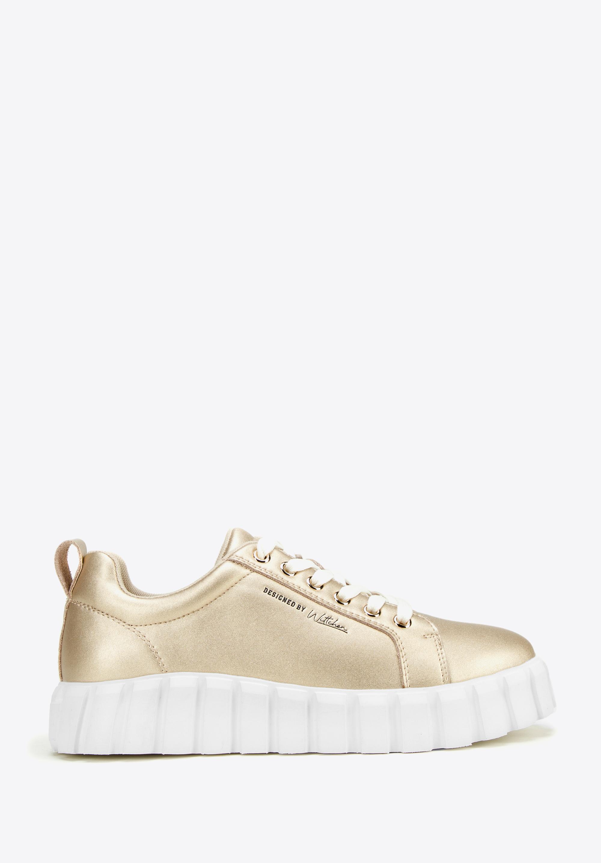 Damskie sneakersy skórzane na grubej platformie złote