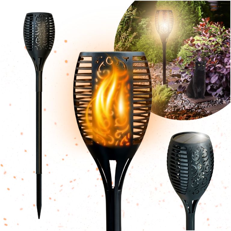 BLIXTAR Ogrodowa Duża Lampa Solarna LED 96, Wbijana Pochodnia Płomień Latarnia