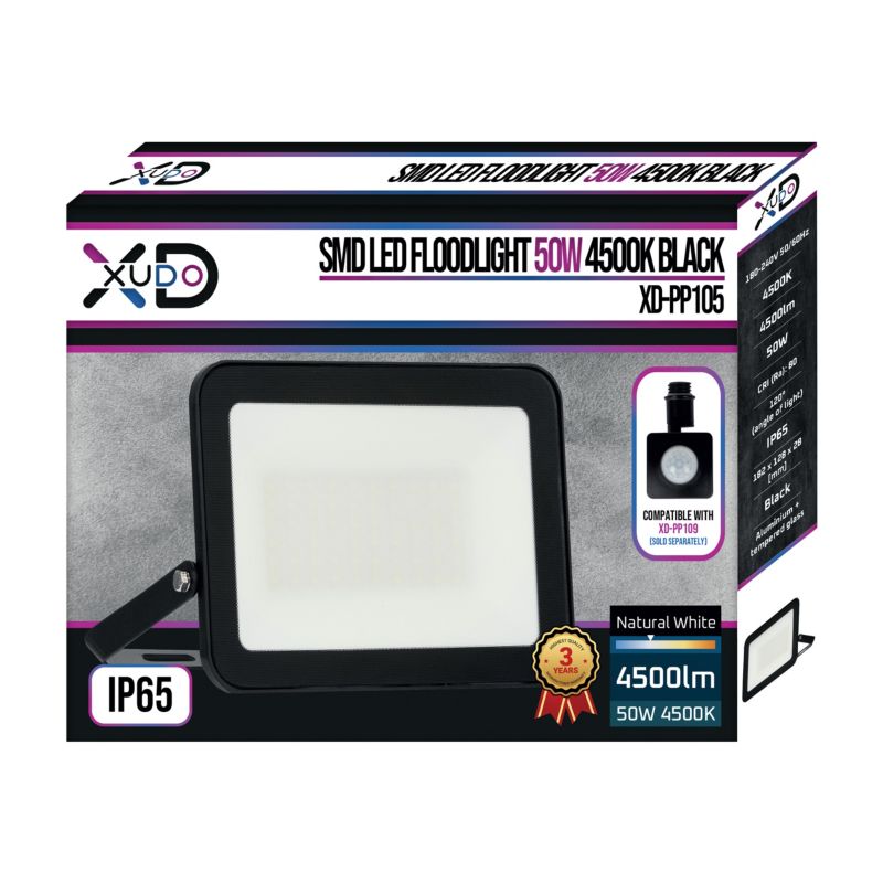 Naświetlacz LED SMD XUDO 50W 4500K Biały neutralny IP65 Czarny 1 szt.