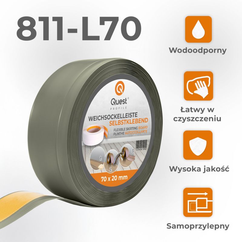 Listwa przypodłogowa PCV 70x20mm, QUEST, samoprzylepna elastyczna, miękka listwa podłogowa, cokołowa, oliwkowy, 10m