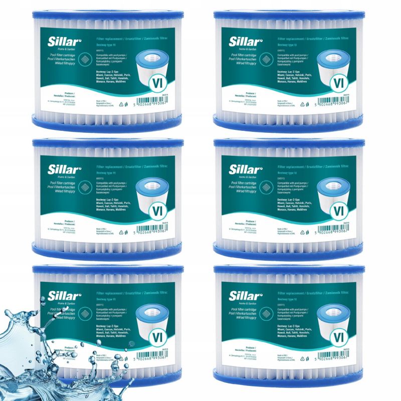 Filtr basenowy, Sillar, wkład, do pompy basenowej, jacuzzi, spa, zamieennik do Bestway typ VI, 6szt