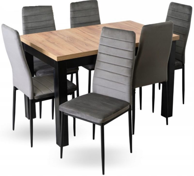 Zestaw Stół Rozkładany SKUBI 120-160 cm Dąb Craft/Czarny i 6 Krzeseł NARIS Szare Welurowe