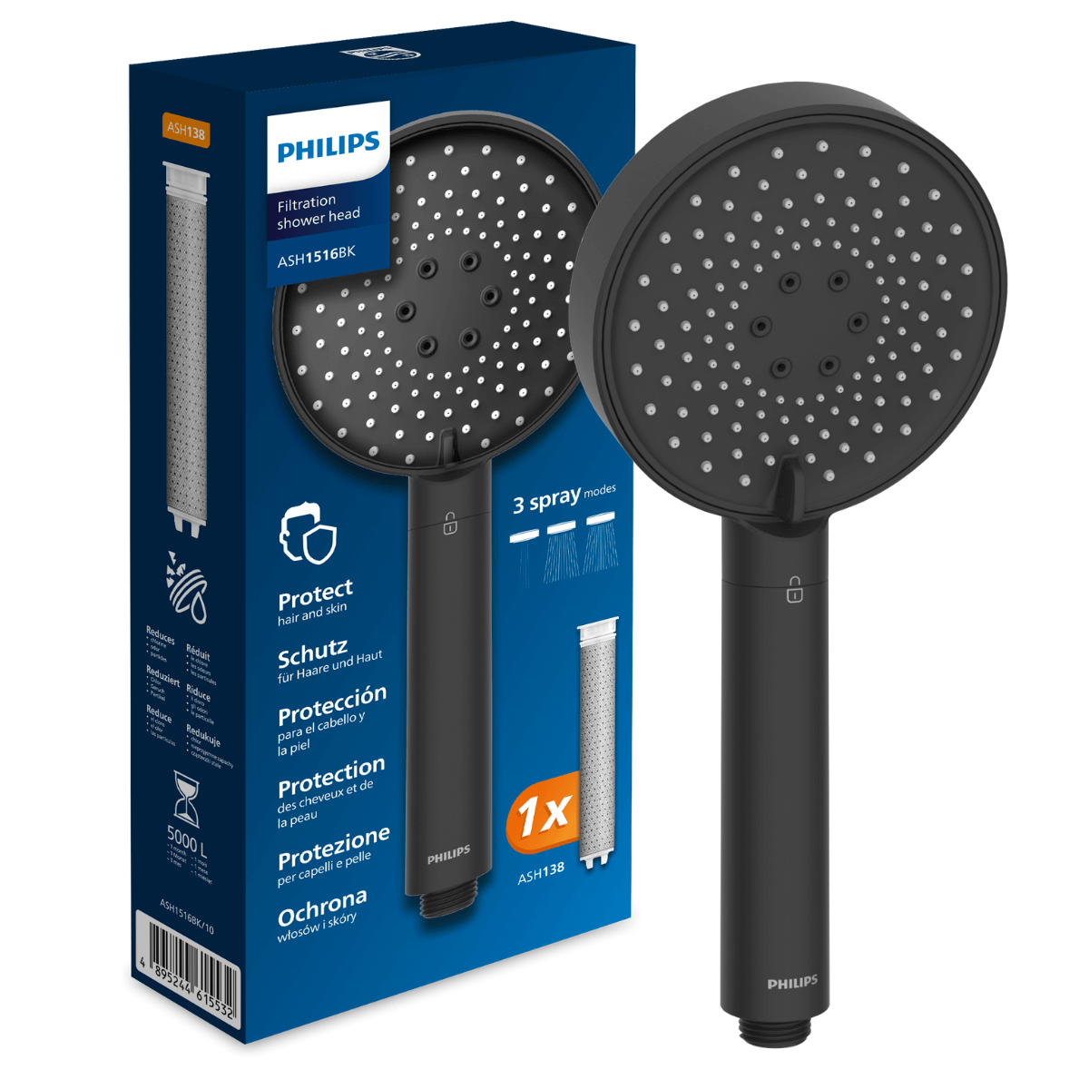 PHILIPS ASH1516BK filtr prysznicowy w kolorze czarnym. Filtrowana woda z prysznica.