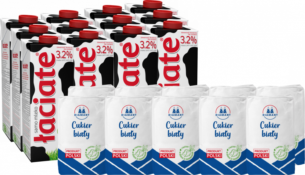 Zestaw: 12x Mleko UHT Łaciate, 3.2%, 1l + 10x Cukier biały Diamant, sypki, 1kg