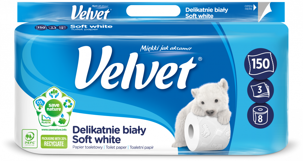 Papier toaletowy Velvet, 3-warstwowy, 8 rolek, delikatnie biały